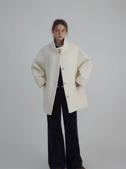 Vintage Sherpa Fleece Stand-Collar Windproof Mid-Length Coat