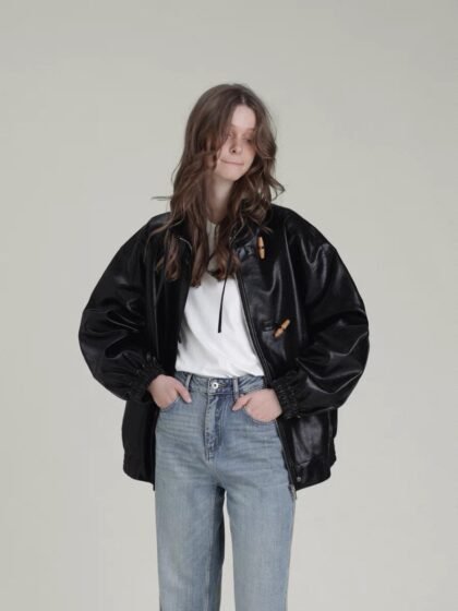 Cool Girl Black Leather Jacket with Toggle Buttons and Stand Collar
