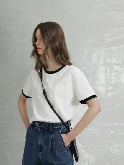 Summer Minimalist Pure Cotton Black and White Side Button Open-Shoulder Short Sleeve T-shirt for Women
