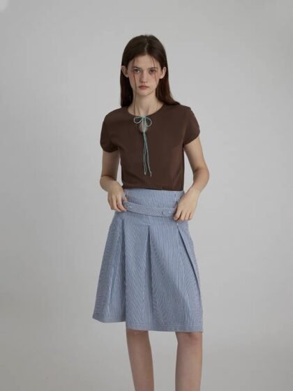 Nordic Blue Striped Pleated High-Waisted Skirt