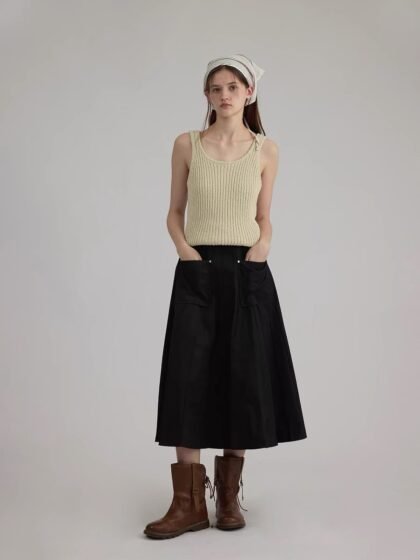 High-Waisted Slimming Pleated A-Line Skirt with Workwear Style
