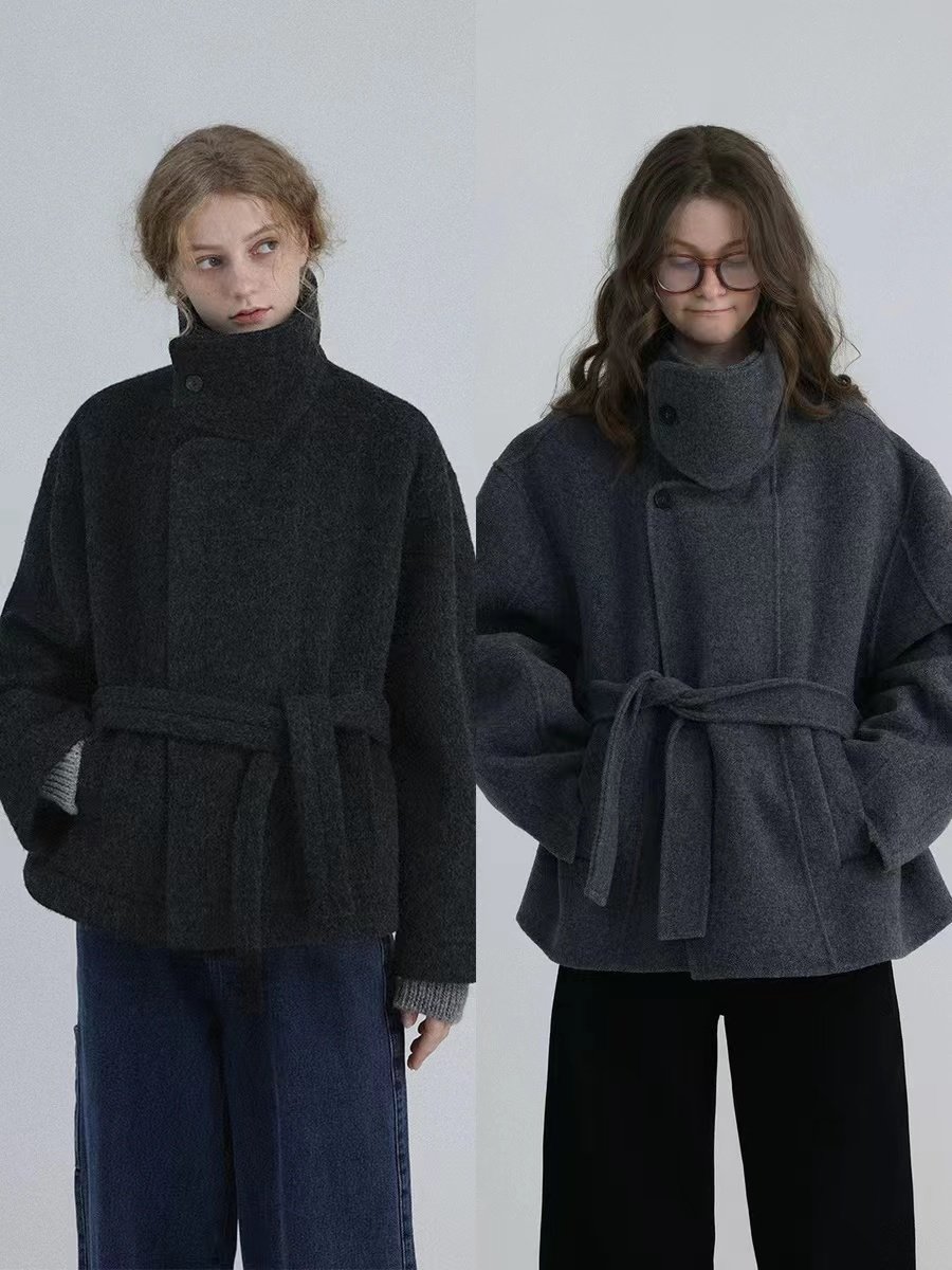 High-Neck Vintage Coat with Oversized Lapel Short Jacket - Image 3