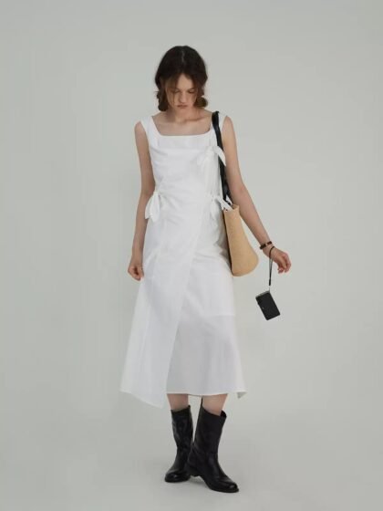 Vintage Square Neck Waist-Cinching Dress