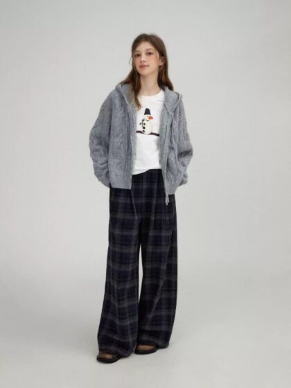 Wool Blend Plaid High-Waisted Slimming Wide-Leg Pants