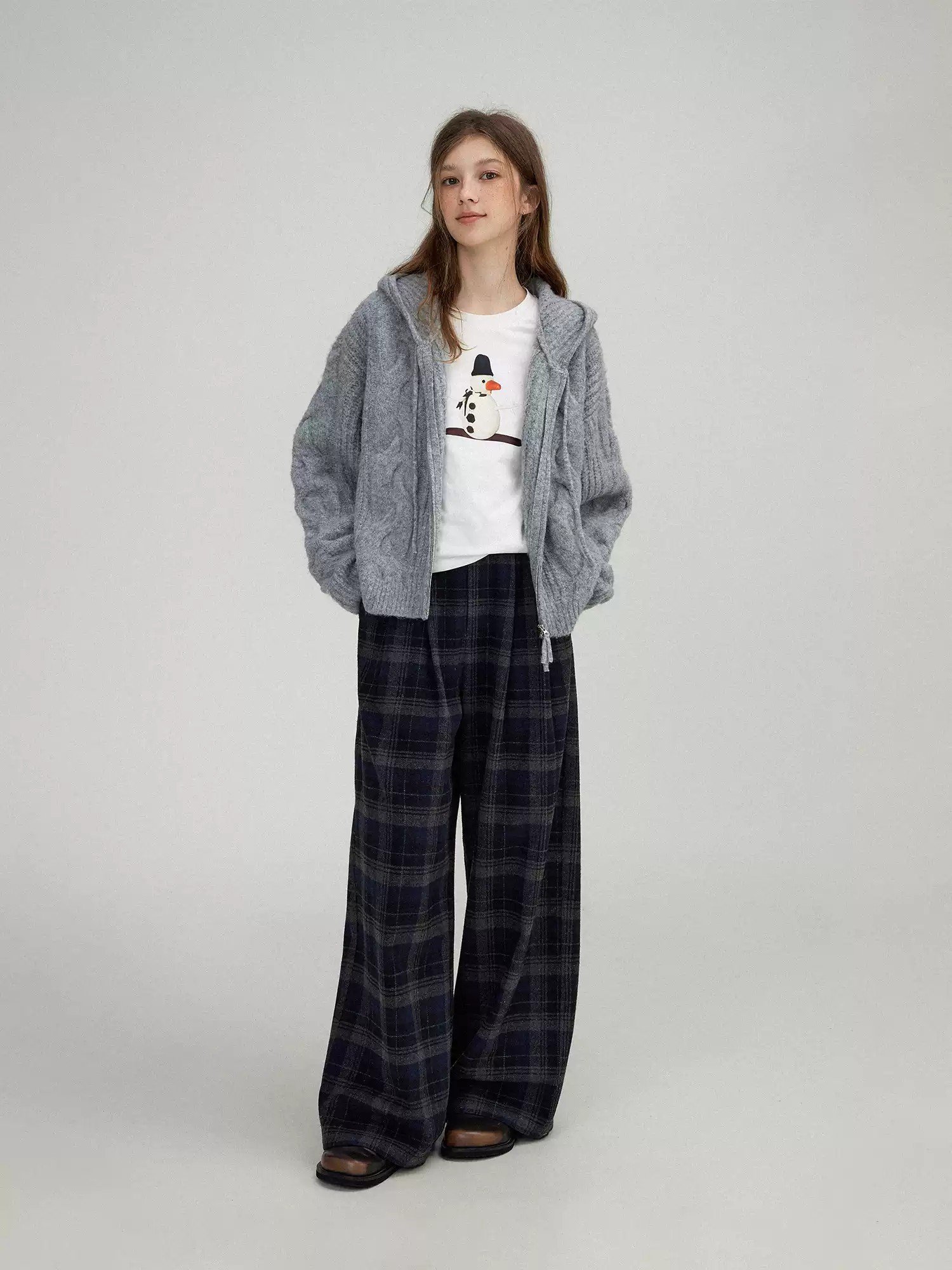 Wool Blend Plaid High-Waisted Slimming Wide-Leg Pants