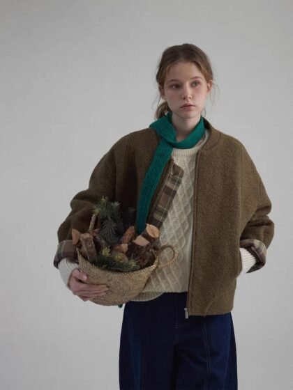 Wool Checkered Color-Block Baseball Jacket