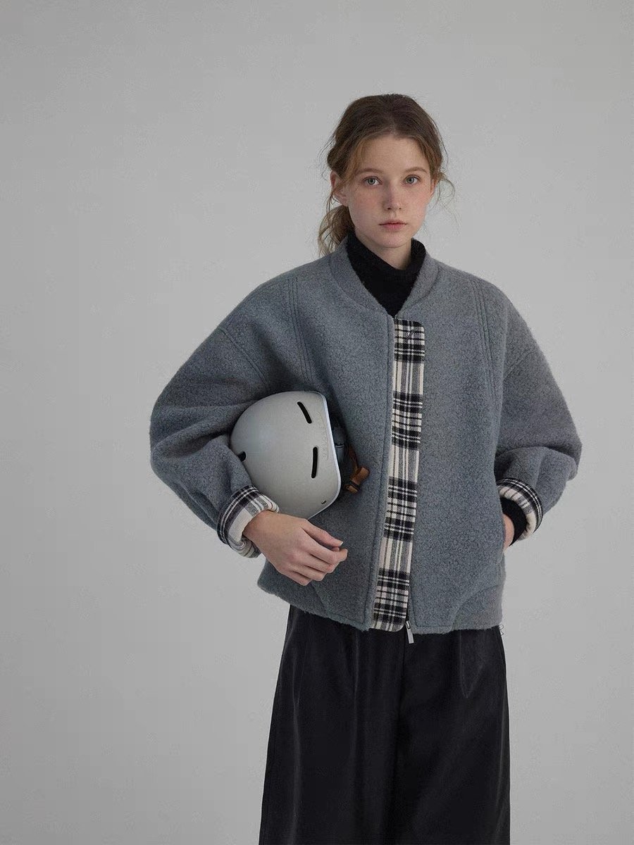 Wool Checkered Color-Block Baseball Jacket - Image 2