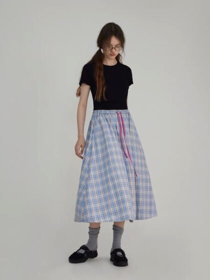 Summer Comic-Style Color-Blocked Checkered A-Line Skirt